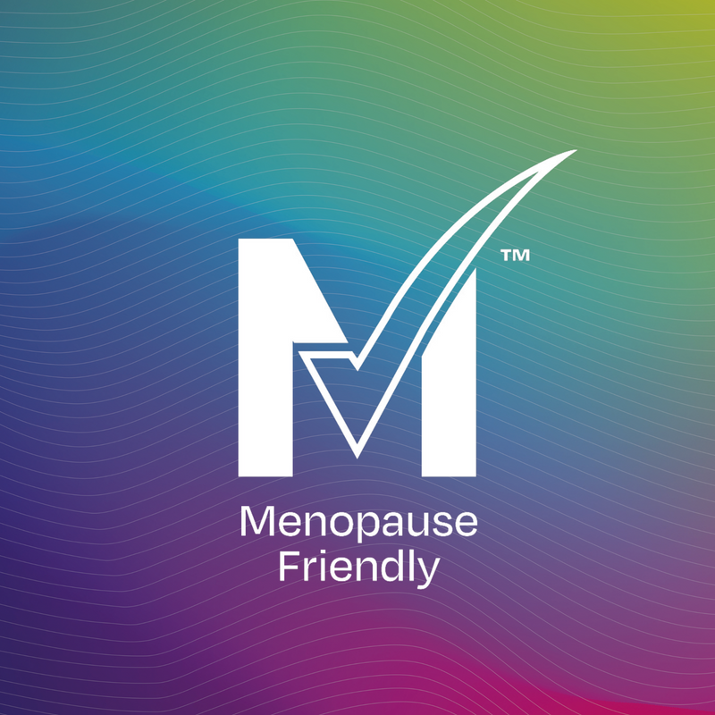 Mtick menopause friendly logo on the YES DG double glide rainbow coloured background.
